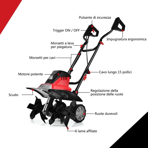 Dissodatore elettrico e coltivatore, Mini coltivatore con maniglia pieghevole e ruote regolabili, Rosso e nero